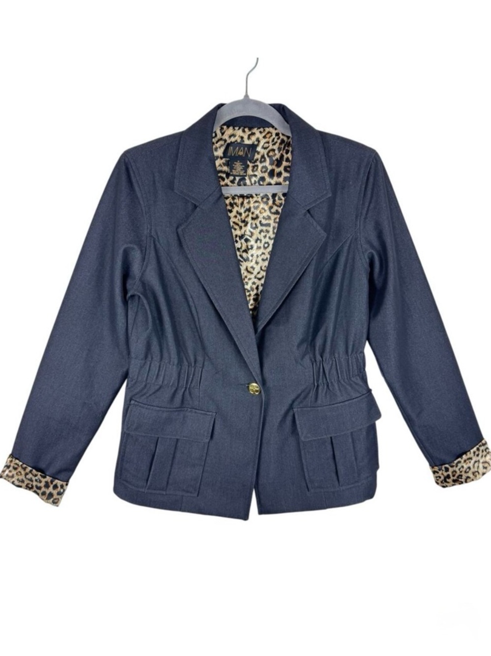 IMAN Black Leopard Print Single Breasted Button Front Lined Blazer Pockets Sz M